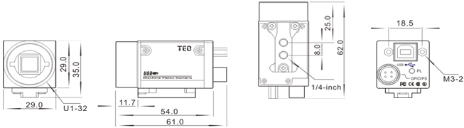 Megapixels mini USB industrial grade monochrome CMOS  cameras尺寸